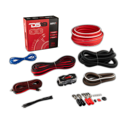 DS18 Amp Kit 0GA CCA complete amplifier installation kit with cables, fuse holder, and hardware.