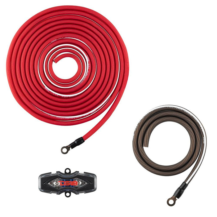 DS18 Amp Kit 0 with 0GA power, ground cables, and ANL fuse holder for secure amplifier installation.