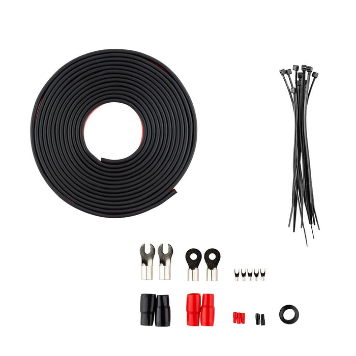 DS18 OFCKIT0 0-GA Amplifier Kit accessories - black loom tube, zip ties, and terminal connectors.