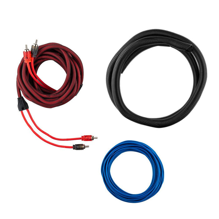 DS18 OFCKIT0 0-GA Amplifier Kit showing RCA cables, loom tube, and blue turn-on wire.