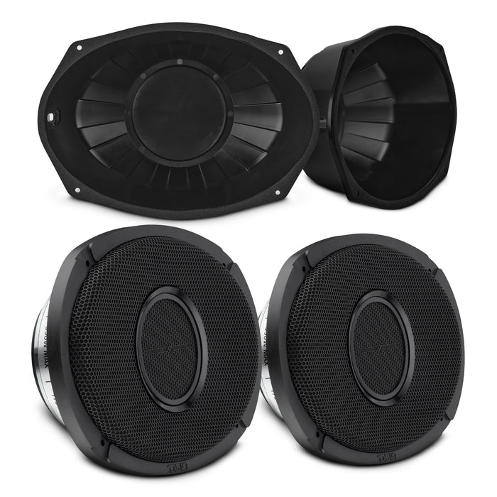 6x9” Hybrid Motorcycle Speaker Bundle – Slim 2-Way Loudspeakers + Sealed ABS Baffles (Pair) | IP65 Water-Resistant, High Output