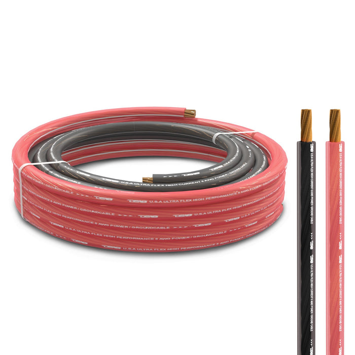 DS18 8-GA Ultra Flex OFC Ground Power Cable 5 Ft Black and 20 Ft Red Kit