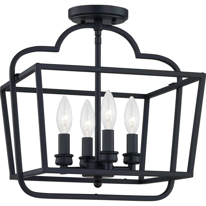 Matte black semi-flush mount ceiling light, by Quoizel, for hallway, bedroom, or entryway