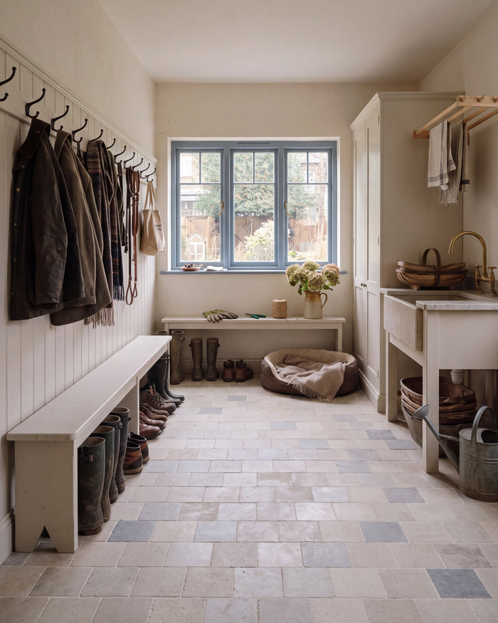 Castilan Limestone Cobbles Tumbled across a boot room floor with a bench of wellingtons, a row of coat hooks and a stone butler sink