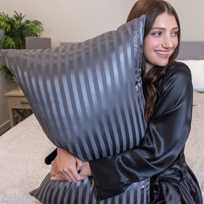 Blissy Grey Striped Silk Pillowcase Detail – King
