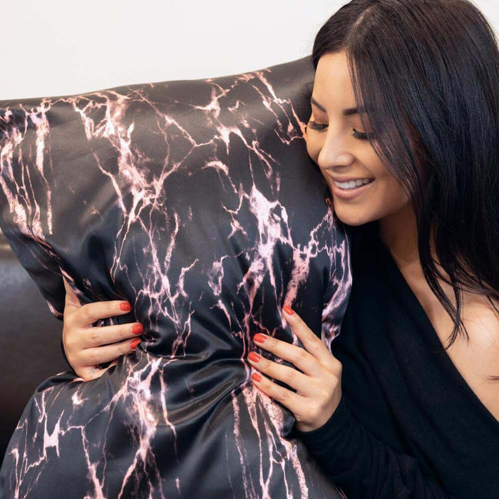 Blissy Rose Black Marble Silk Pillowcase Detail – King