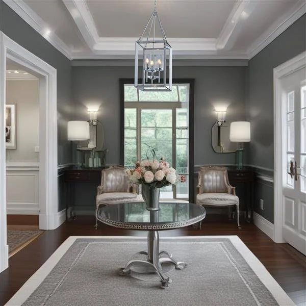 Chrome + clear glass pendant light, by Maple, for kitchen island or dining, angled view